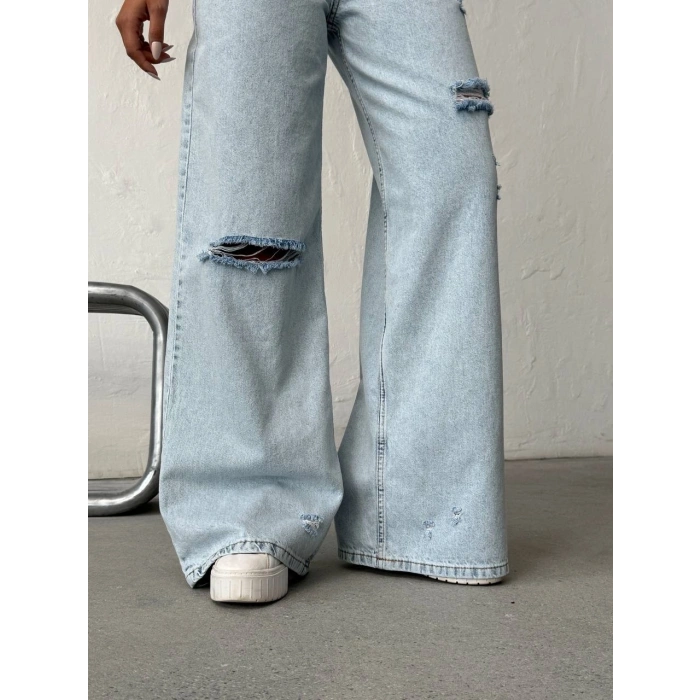 Açık Mavi Yırtık Detaylı Wide Leg Jean Pantolon
