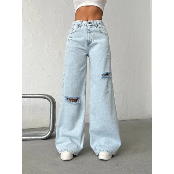 Açık Mavi Yırtık Detaylı Wide Leg Jean Pantolon