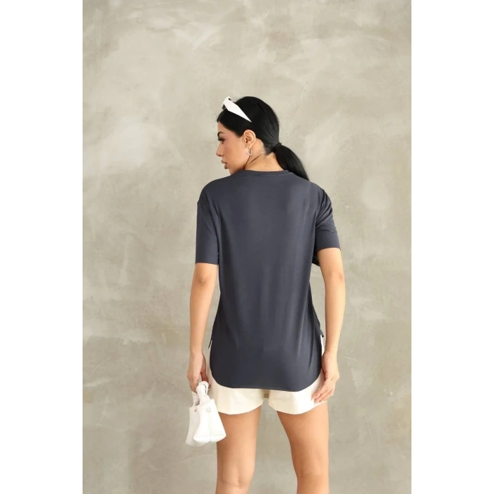 Antrasit Oysho Yırtmaçlı Modal Oversize Tshirt