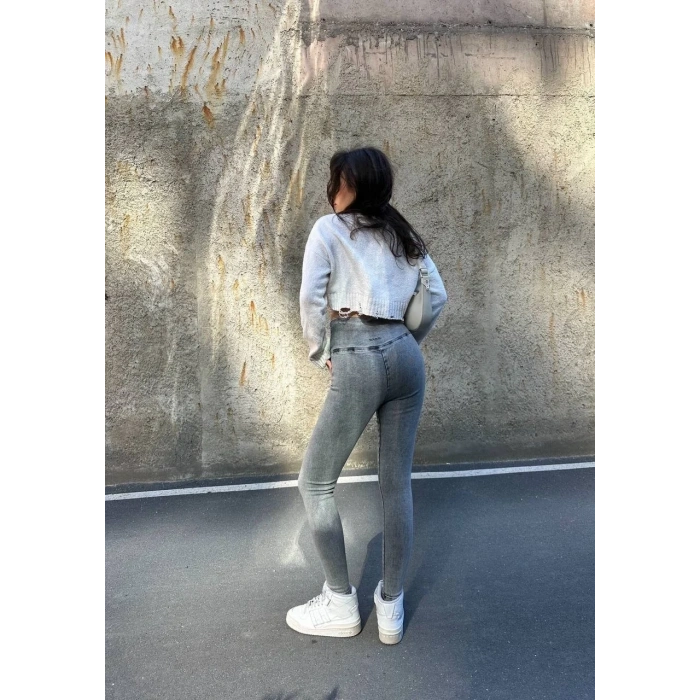Antrasit Yüksek Bel En Boy Likralı Kot Tayt