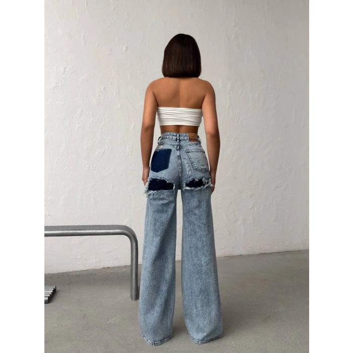 Arka Pencere Ve Patchwork Detaylı Açık Mavi Palazzo Pantolon