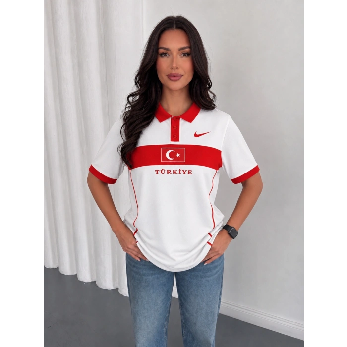 Beyaz Türkiye Polo Yaka Unisex Oversize Tshirt