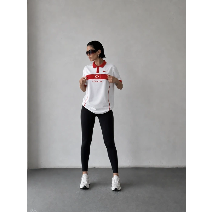 Beyaz Türkiye Polo Yaka Unisex Oversize Tshirt