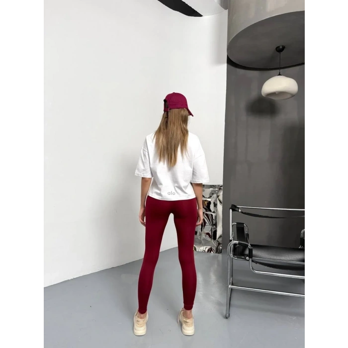 Bordo Alo Bilek Baskılı Sıkılaştırıcı Yüksek Bel Tayt