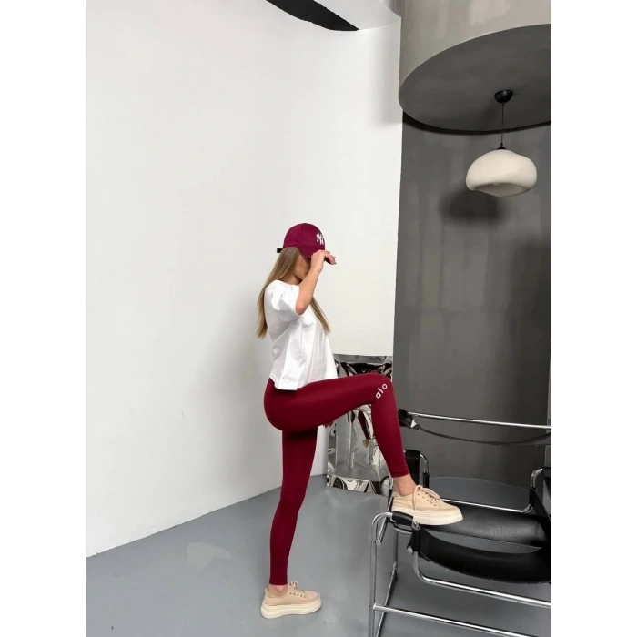 Bordo Alo Bilek Baskılı Sıkılaştırıcı Yüksek Bel Tayt