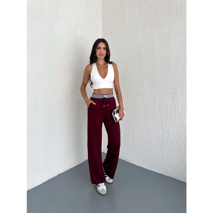 Bordo Alo Çizgili Ribana Pantolon