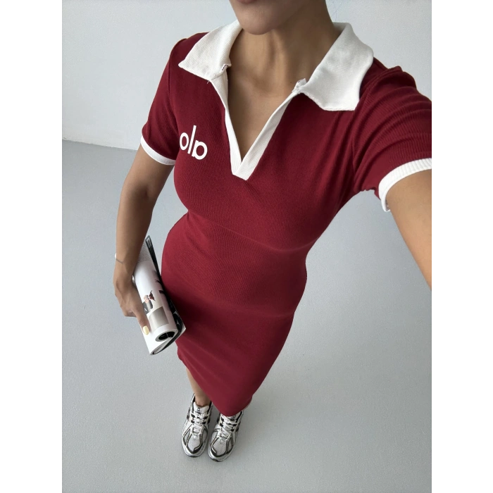 Bordo Alo Yakalı Likralı Elbise