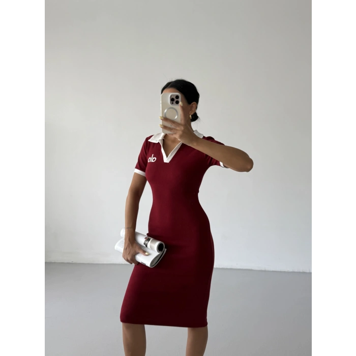 Bordo Alo Yakalı Likralı Elbise