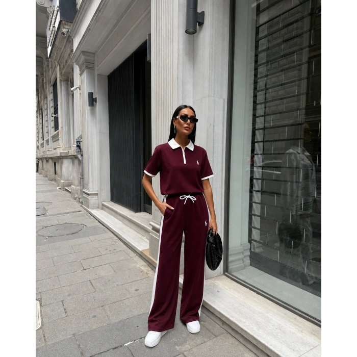 Bordo Polo Fermuar Yaka Modal İkili Takım