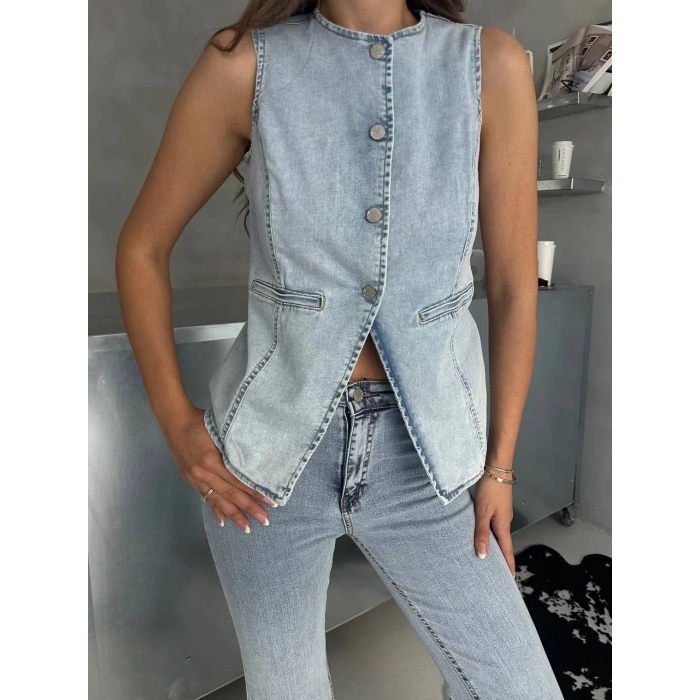 Buz Mavi İspanyol Paça Yelekli Denim Takım