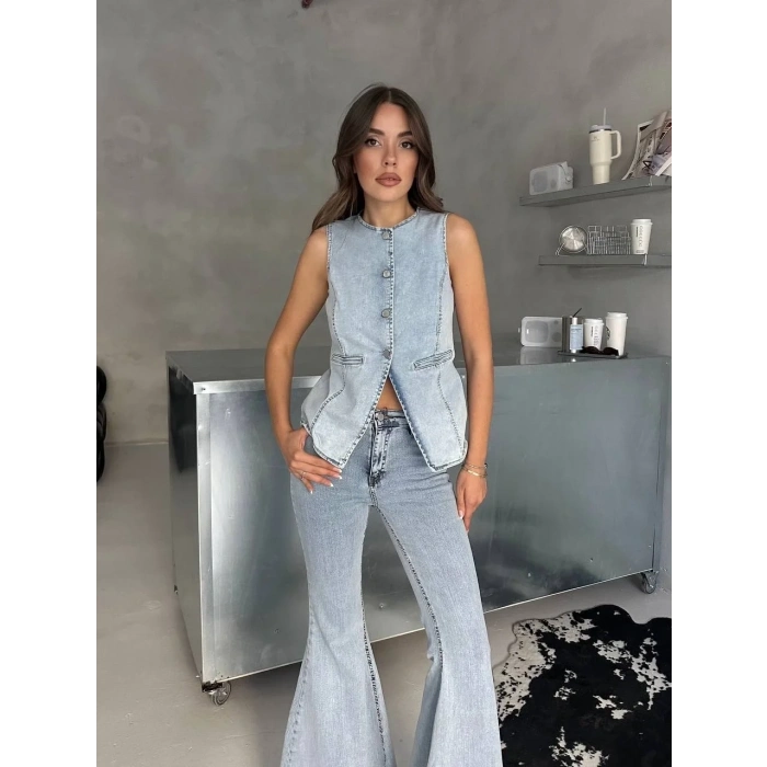 Buz Mavi İspanyol Paça Yelekli Denim Takım