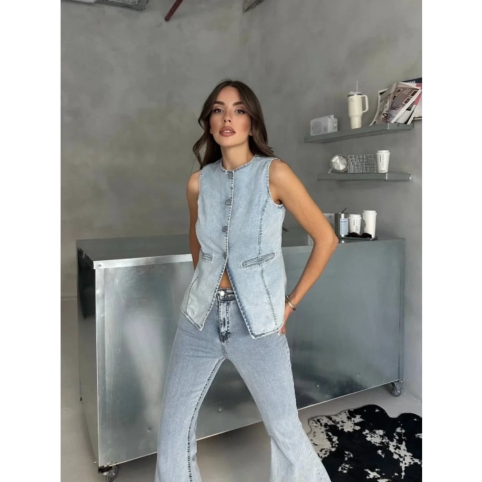 Buz Mavi İspanyol Paça Yelekli Denim Takım