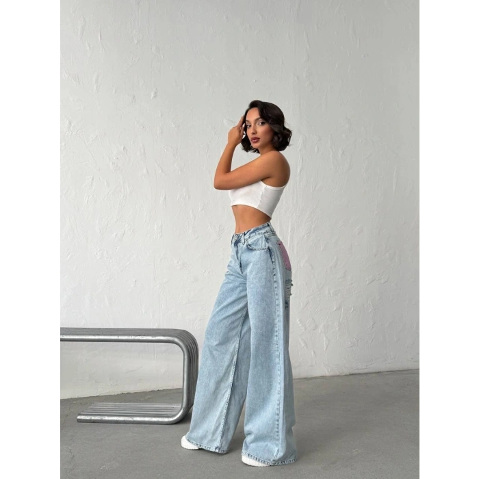Buz Mavi Pink Taş Detaylı Yırtık Wide Leg Jean Pantolon