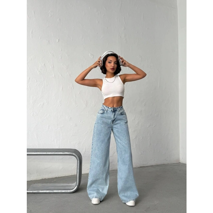 Buz Mavi Pink Taş Detaylı Yırtık Wide Leg Jean Pantolon
