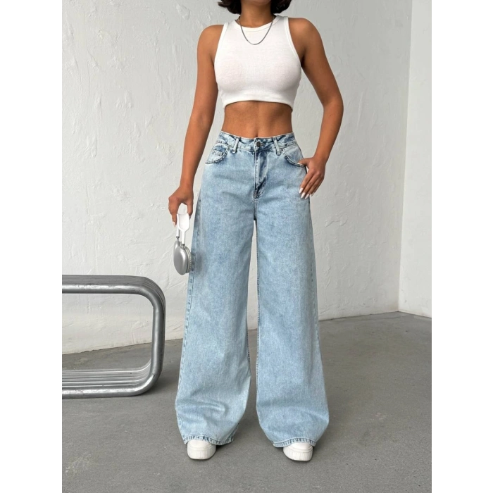 Buz Mavi Pink Taş Detaylı Yırtık Wide Leg Jean Pantolon