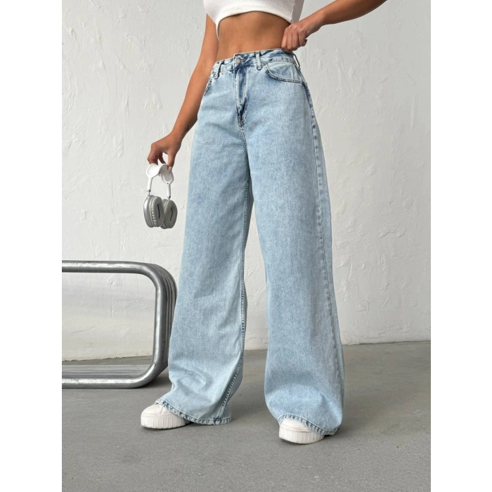 Buz Mavi Pink Taş Detaylı Yırtık Wide Leg Jean Pantolon