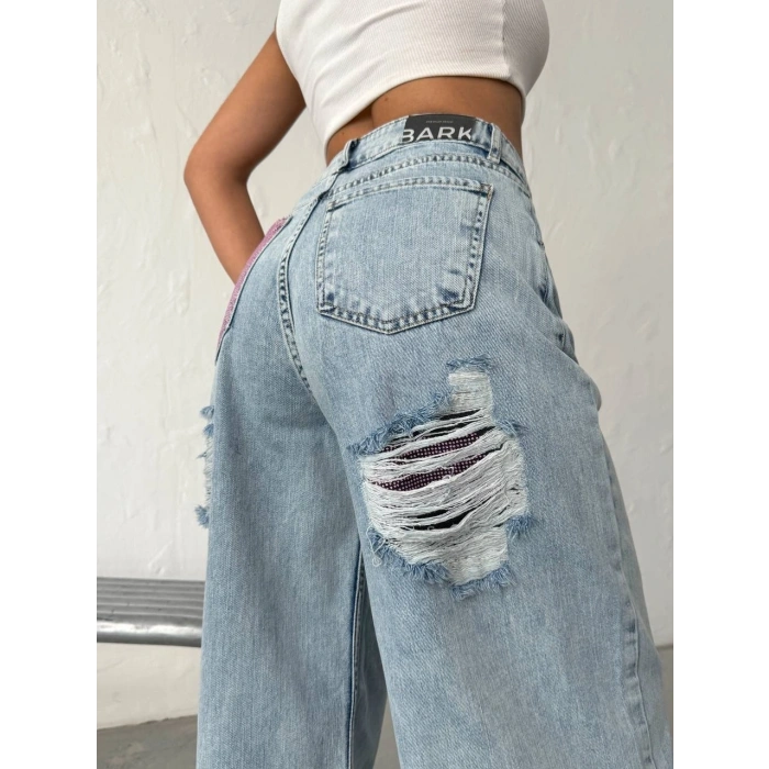 Buz Mavi Pink Taş Detaylı Yırtık Wide Leg Jean Pantolon