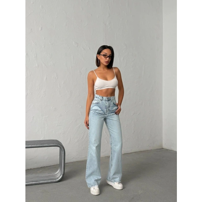 Buz Mavi Yüksek Bel Katmanlı Tasarım Denim Pantolon
