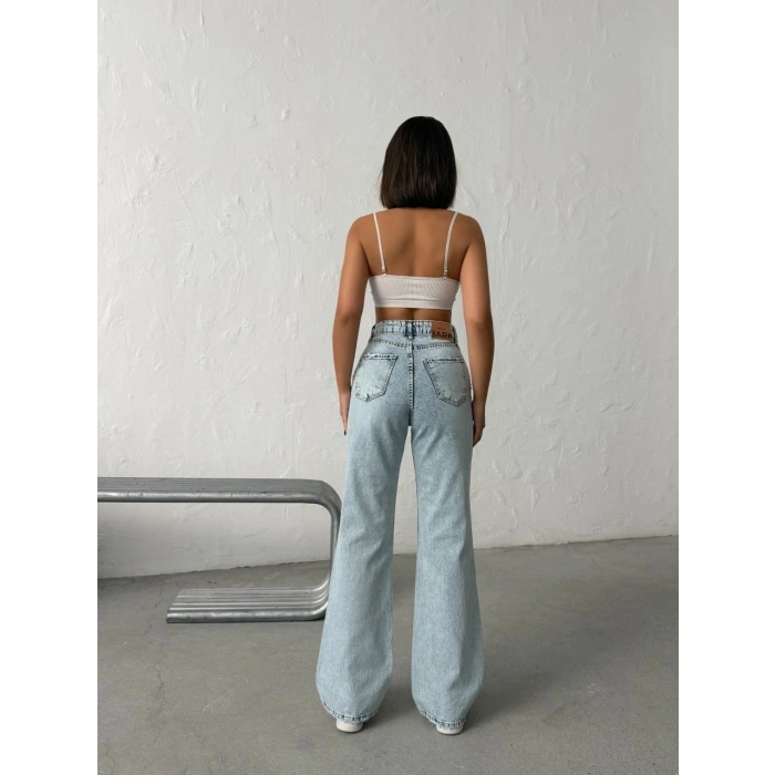Buz Mavi Yüksek Bel Katmanlı Tasarım Denim Pantolon
