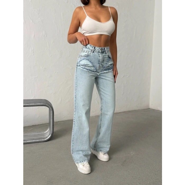 Buz Mavi Yüksek Bel Katmanlı Tasarım Denim Pantolon