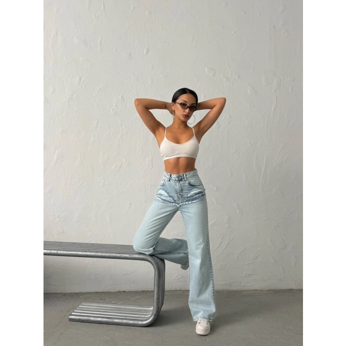 Buz Mavi Yüksek Bel Katmanlı Tasarım Denim Pantolon