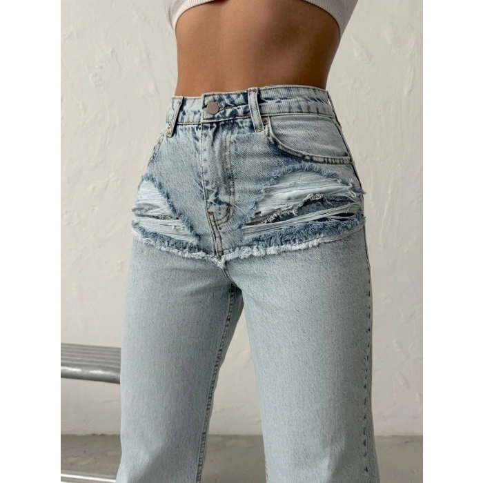 Buz Mavi Yüksek Bel Katmanlı Tasarım Denim Pantolon