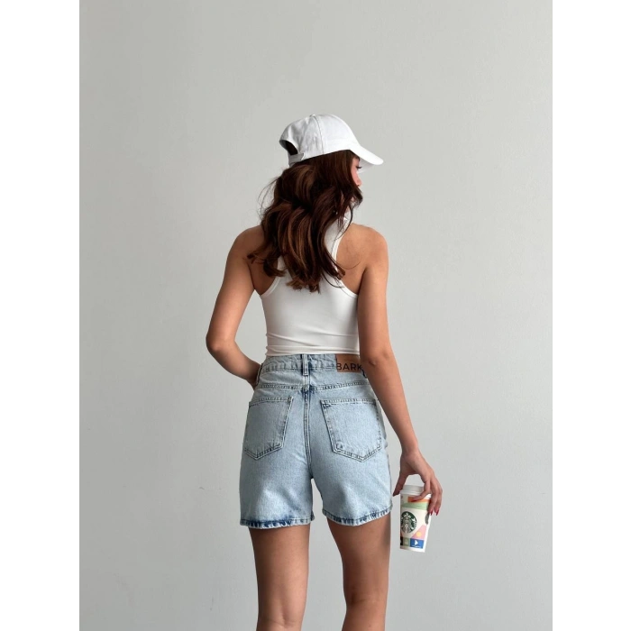 Buz Mavi Yüksek Bel Premium Denim Bermuda Şort