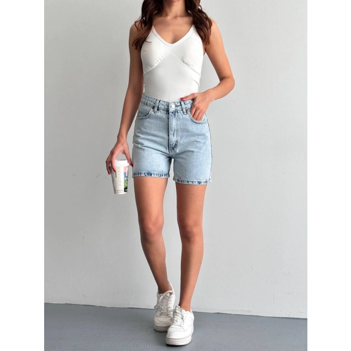 Buz Mavi Yüksek Bel Premium Denim Bermuda Şort