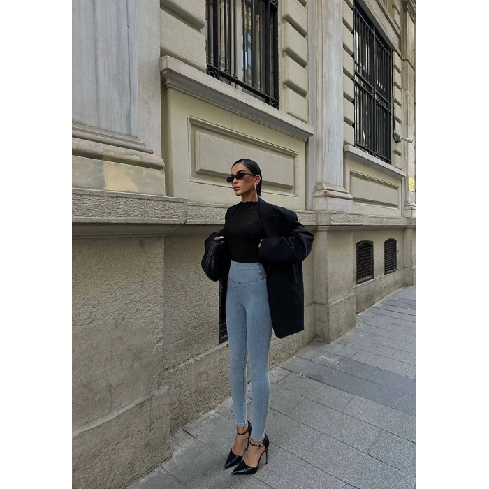 Buz Mavisi Yüksel Bel En Boy Likralı Kot Tayt