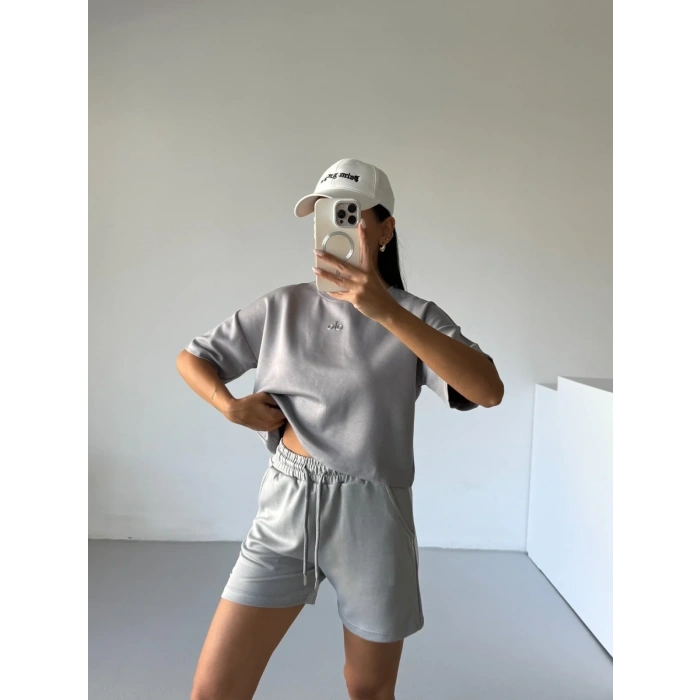 Gri Alo Yoga Modal Crop Şortlu Takım