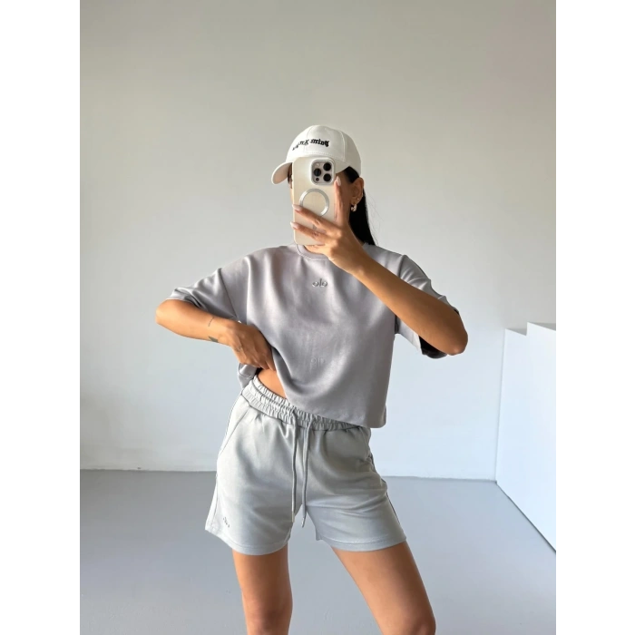 Gri Alo Yoga Modal Crop Şortlu Takım