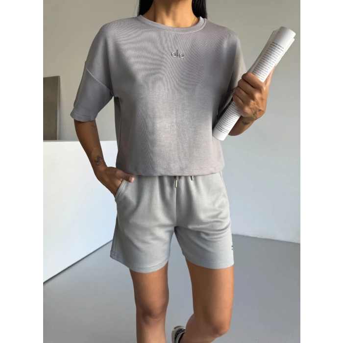 Gri Alo Yoga Modal Crop Şortlu Takım