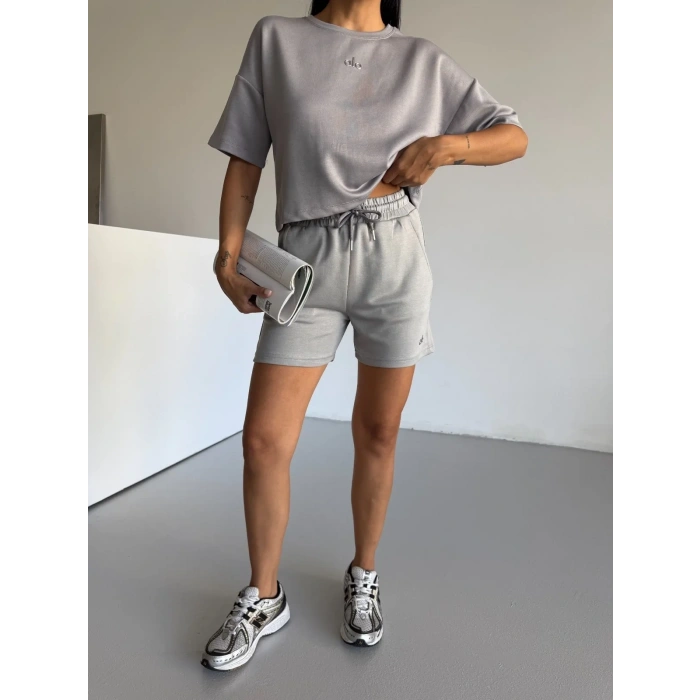 Gri Alo Yoga Modal Crop Şortlu Takım
