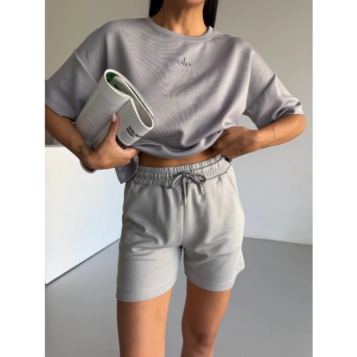 Gri Alo Yoga Modal Crop Şortlu Takım