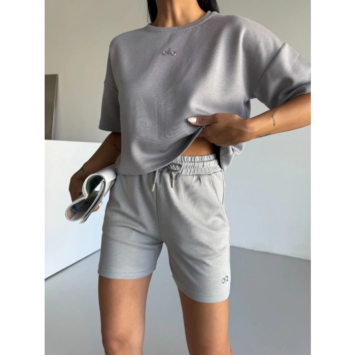 Gri Alo Yoga Modal Crop Şortlu Takım