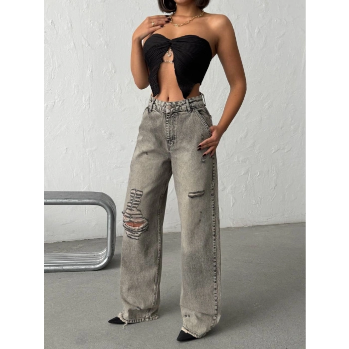 Grunge Stil Eskitme Efektli Geniş Paça Jean