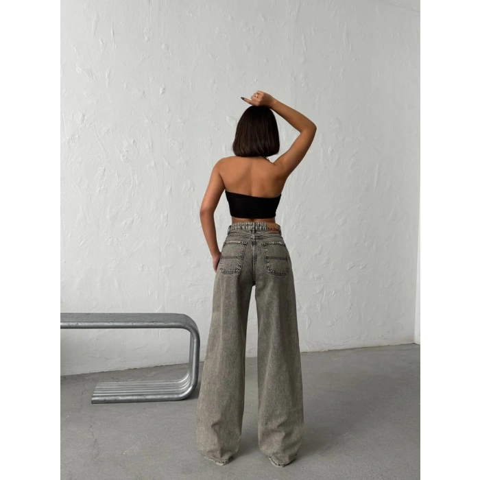 Grunge Stil Eskitme Efektli Geniş Paça Jean