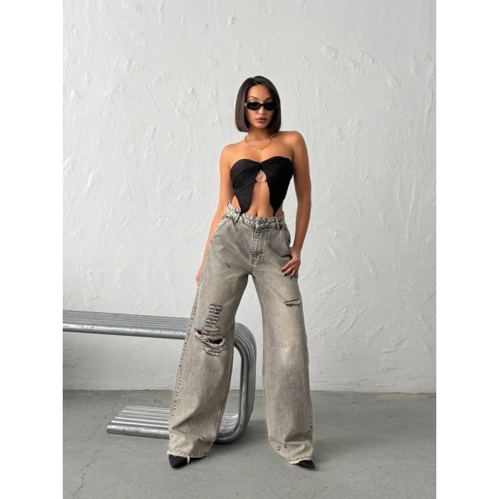 Grunge Stil Eskitme Efektli Geniş Paça Jean