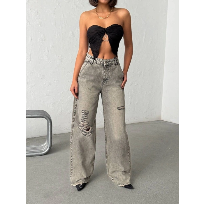 Grunge Stil Eskitme Efektli Geniş Paça Jean
