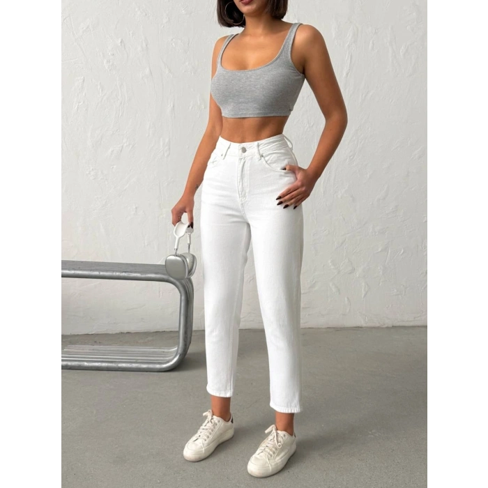 Işıltılı Cep Detaylı Mom Fit Beyaz Kot Pantolon