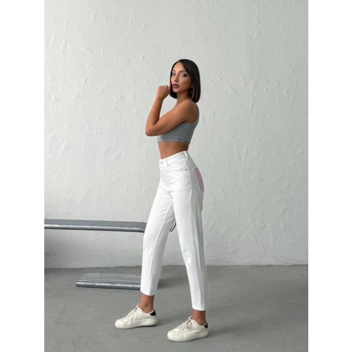 Işıltılı Cep Detaylı Mom Fit Beyaz Kot Pantolon