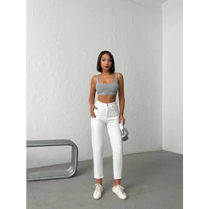 Işıltılı Cep Detaylı Mom Fit Beyaz Kot Pantolon