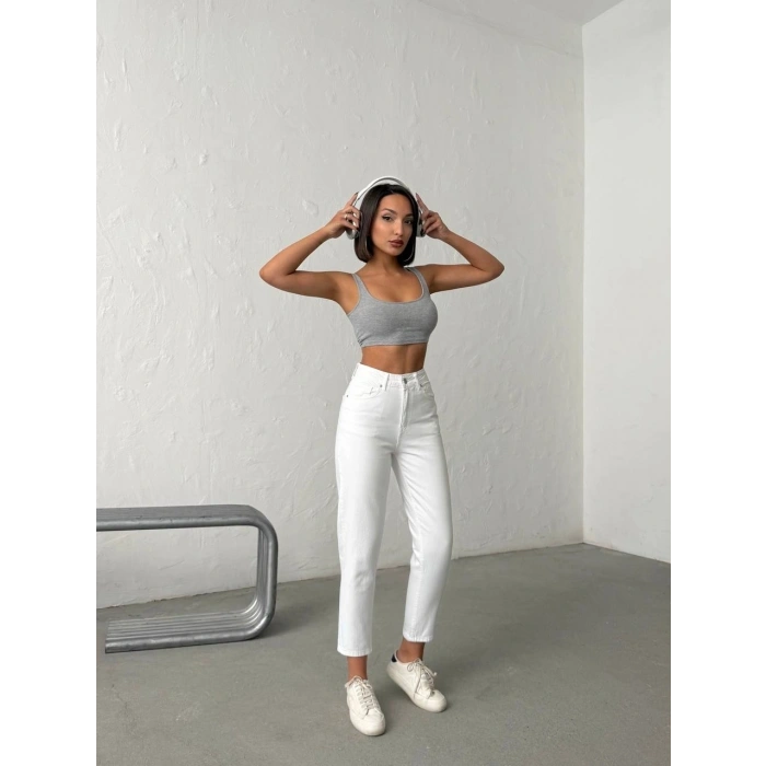 Işıltılı Cep Detaylı Mom Fit Beyaz Kot Pantolon