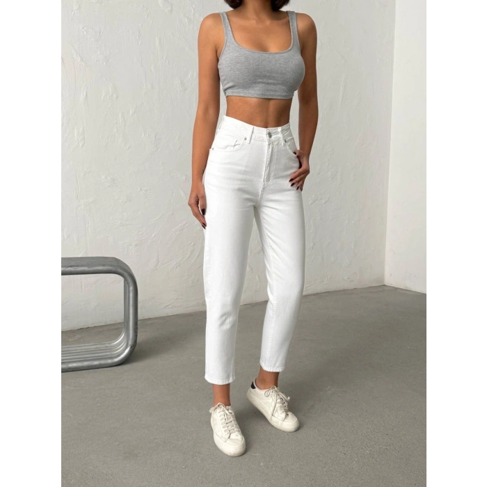 Işıltılı Cep Detaylı Mom Fit Beyaz Kot Pantolon