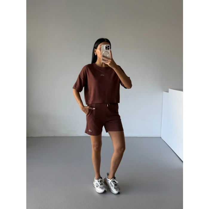 Kahve Alo Yoga Modal Crop Şortlu Takım