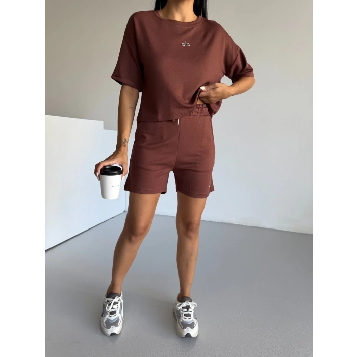 Kahve Alo Yoga Modal Crop Şortlu Takım