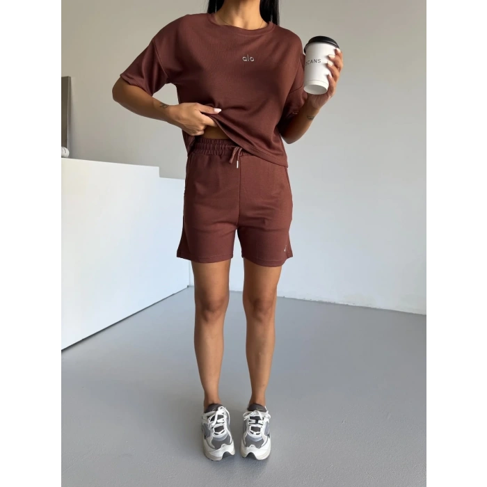 Kahve Alo Yoga Modal Crop Şortlu Takım