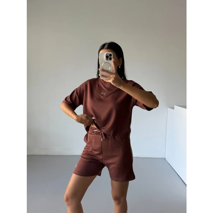 Kahve Alo Yoga Modal Crop Şortlu Takım