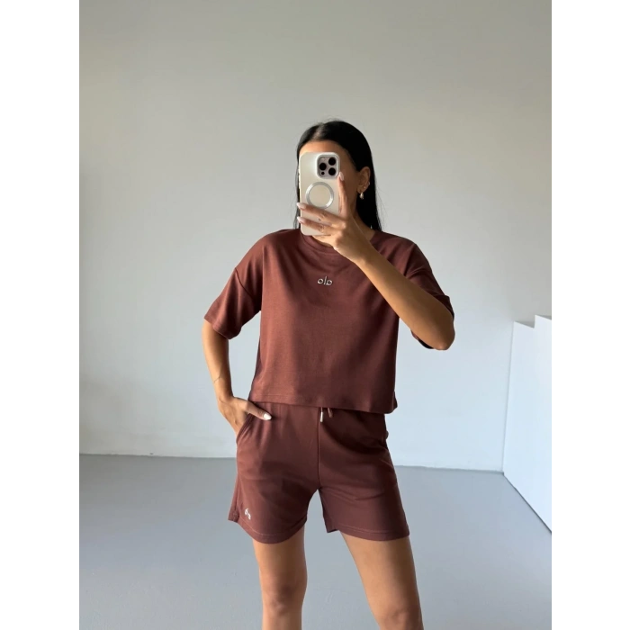 Kahve Alo Yoga Modal Crop Şortlu Takım