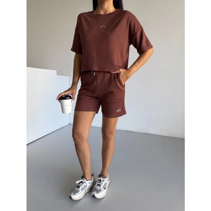 Kahve Alo Yoga Modal Crop Şortlu Takım